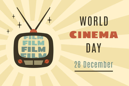 World cinema day. Retro banner with vintage television, lettering, old film and television equipment. Advertising of event in 1980s and 1970. Vector illustrationのイラスト素材