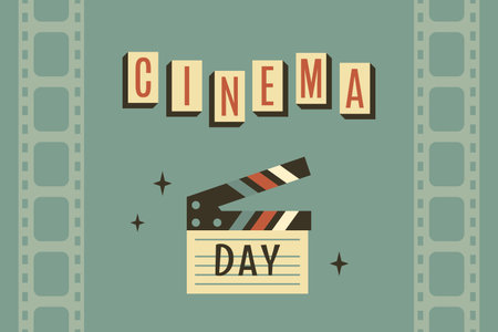 Retro banner with cinematography clapperboard, color letters, movie, vintage font. World cinema day. Old television equipment, clapper. Advertising of event in 1980s and 1970. Vector illustrationのイラスト素材