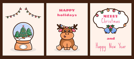Set of Christmas cards. New year background. Festive posters with cartoon Doodle characters. Cute reindeer, Christmas snow ball, jingle bells, greeting frame with lights. Vector illustrationのイラスト素材