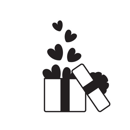 Valentine's Day Gift box icon. Open gift with Confetti hearts. Black and white linear vector illustrationのイラスト素材