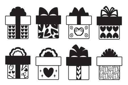 Set of Valentine's Day gifts with hearts. Gift box icons. Black and white style vector illustration.のイラスト素材