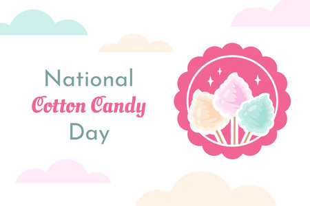 Cotton candy day.  Festive banner. Retro cartoon pink booth with vintage frame, color puffy sweet dessert. Cotton candy machine with delicious yummy food for children. Vector illustrationのイラスト素材
