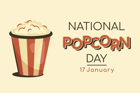National Popcorn day. Horizontal Festive banner in retro style. Vintage old background with greeting text and traditional American food. Full popcorn bucket. Tasty kids dish. Vector illustrationのイラスト素材