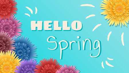 Spring background. Beautiful greeting card with colorful flowers, sky, foliage, sun and greeting text.  Nature concept. Vector templat for banner, card, posterのイラスト素材