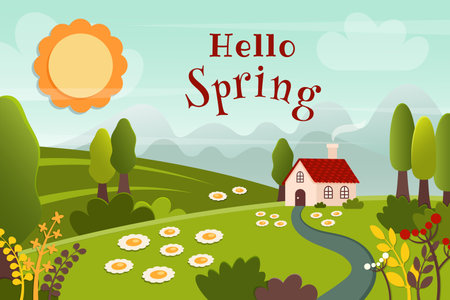 Spring background. Green lawn with house, road, meadow, flowers, Ñamomile, mountain, foliage, trees, sky, cloud, grass. Nature landscape template.  Summer spring design  for banner, Poster, card. Vector cartoon styleのイラスト素材