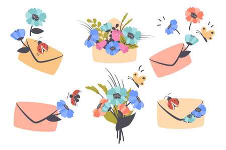 Set of cute mail envelope with greeting message, beautiful colorful flowers, butterfly, ladybug, lettering. Good news notification concept, communication. Vector cartoon illustrationのイラスト素材