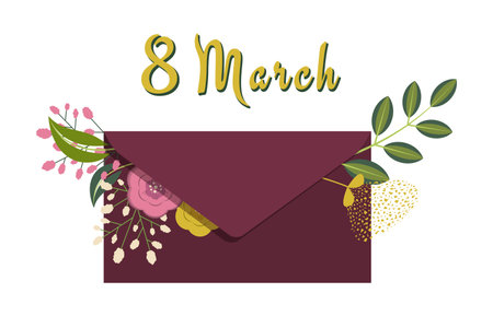 International women's day. Cute greeting envelope with flowers. Beautiful template for congratulations on Women's Day March 8, Mother's Day, postcards, posters, spring holiday. Vector illustration in a flat cartoon styleのイラスト素材