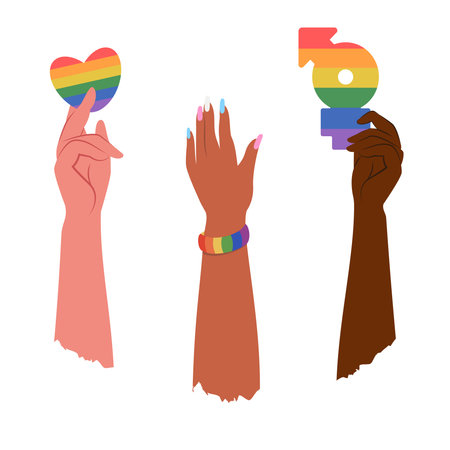 People of different skin holding lgbtg emblems, rainbow, flag in hands. Lgbt  community.  Gender, diversity, unity concept. Vector flat illustration for poster, card, banner, stickerのイラスト素材