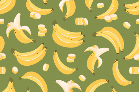 Banana seamless pattern. Banana bunch, banana peel, slices. Sweet tropical fruit. Healthy vegetarian organic food. Vector illustration for wallpaper, textile, print, wrapping paperのイラスト素材