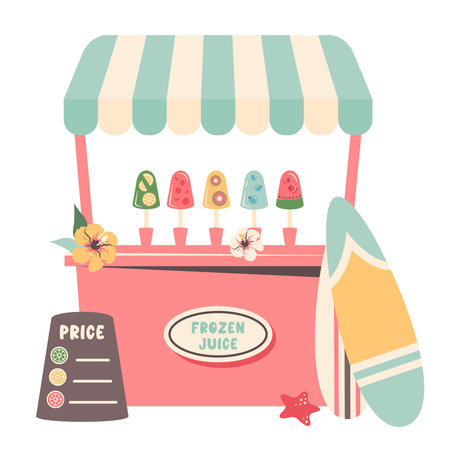 Ice cream truck with cool delicious frozen yogurt, tropical flowers, surfboards. Pink Ice cream stand. Frozen dessert with various fruit topping, flavours. Tasty street food. Vector flat illustrationのイラスト素材