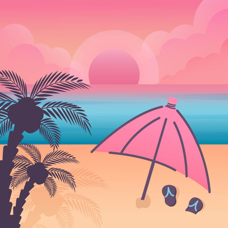 Summer beach background. Beautiful Tropical seascape. Exotic landscape with sand beach, palm silhouettes, leaves, ocean, clouds, slippers, umbrella. Nature design for Travel, vacation holidays, resort, poster. Vector cartoon illustrationのイラスト素材