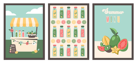 Set of summer posters. Lemonade stand. Summer backgrounds. Fresh exotic fruits. Citrus juicy with various flavor. Lemonade truck with lemonade bottles. Vector illustration for party, holidayのイラスト素材