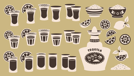 Tequila shots. Set of Different glasses with slice of lime, salt. Silhouette of various ingredients for tequila. Alcoholic beverage. Minimalist design. Vector Hand drawn outline illustrationのイラスト素材