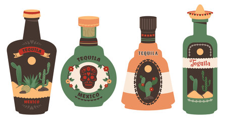 Tequila bottle set isolated on white background. Different Glass bottles with cactus, skull, agave, national hat,  vintage labels, mexican elements. Alcoholic beverages in retro style. Vectorのイラスト素材
