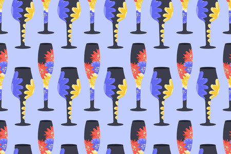 Glasses seamless pattern. Silhouettes of  Wineglasses with abstract flowers. Trendy Alcohol Drinks,...