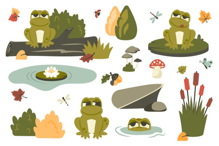 Set of cute frogs. Fall elements.Â  Autumn foliage, lotus, flying insects, wildlife. Funny toads siiting on leaf, tree, in pond. Cartoon characters.Â  Vector flat illustration banner, poster, cardのイラスト素材