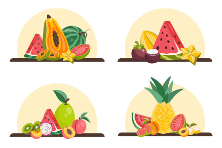 Tropical fruits set. Fresh Exotic fruits in peel, cut into circles, slices. Different Fruit stickers. Organic healthy food. Banana, pineapple, papaya, peach, kiwi, watermelon. Vector flat illustrationのイラスト素材