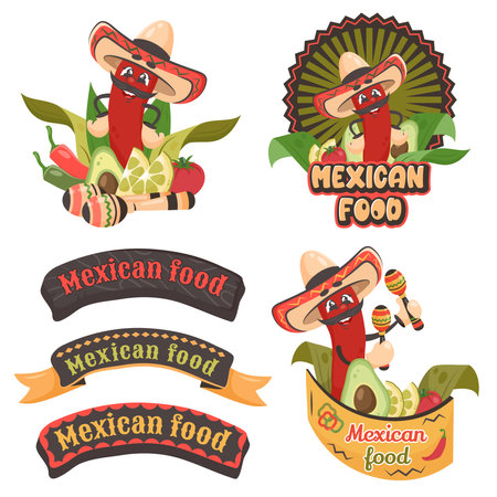 Cartoon funny character chili pepper with vegetables. National spicy food. Color text on wooden frame. Cooking concept. Doodle hand drawn mexican elements. Vector illustrationのイラスト素材