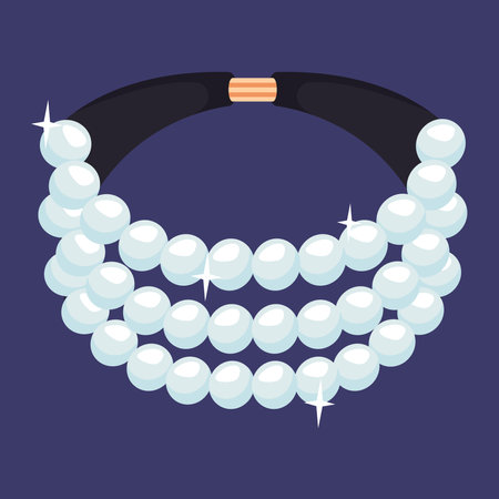 Pearl bracelet with black strap on golden clasp. Jewellery icon isolated. Pearly choker, necklace, sparkling accessories from gemstones. Luxury Pendant close up. Vintage precious ornament. Vectorのイラスト素材
