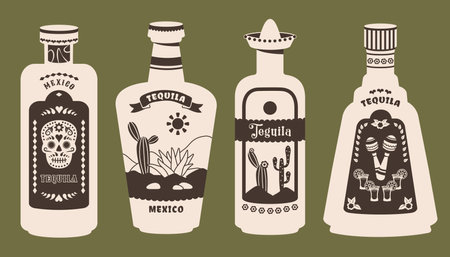 Tequila bottle set isolated. Mexico tequila with cactus, skull, agave, maracas, hat, vintage labels. Collection of Silhouette Glass bottles. Alcoholic beverages in retro style. Vectorのイラスト素材