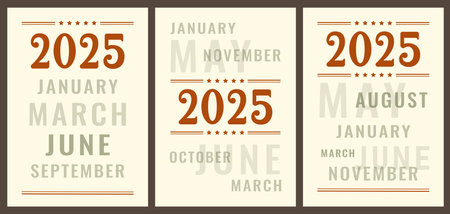 Set of Calendar covers. Calendar 2025. Vertical retro Calendar template in Minimalistic style for print. First pages template for business, printable wall, monthly, desktop calendar. Vector flat illustrationのイラスト素材