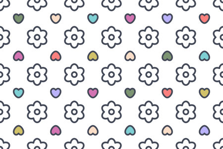 Valentine seamless pattern. Outline hearts and flowers. Romantic design with color symbols. Cartoon pattern for decorations, party, wallpaper, textiles, printing, children products, interior. Vectorのイラスト素材