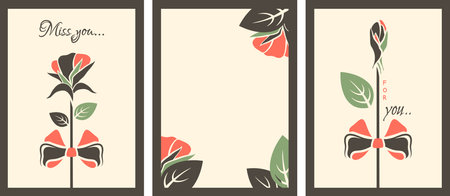 Valentine backgrounds set. Trendy Gift cards with flower elements, love text. Trendy posters for  romantic date, Valentine's day, romantic dinner, wedding, invitation. Vector flat illustrationのイラスト素材