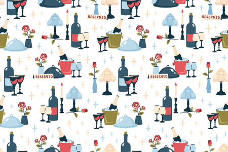 Valentines seamless pattern. Reserved tables for two. Valentines background. Romantic dinner with cutlery, wineglasses, champagne, candles, rose, nightlight. Romantic setting. Vector flat illustrationのイラスト素材