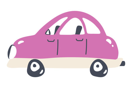 Cute car isolated on white background. Pink small passenger car in cartoon style. Wheeled motor transport template for kids design. Doodle Hand drawn Automobile. Vector illustrationのイラスト素材