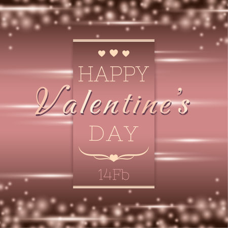 Valentine's Day greeting card. Romantic background with glowing stars, lights and bright hearts. Congratulations text in golden frame. Vector illustration for romantic greetings, cards, invitations, banners.のイラスト素材