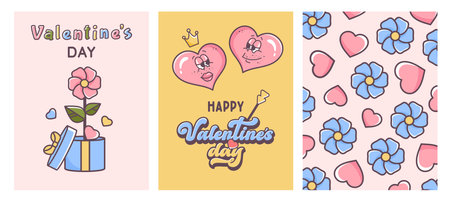 Valentine posters set. Happy Valentine's day. Groovy hippie love. Retro valentine cards in 60s 70s cartoon style. Couple of cute hearts, cupid arrow, flower in gift box, valentine text. Vectorのイラスト素材