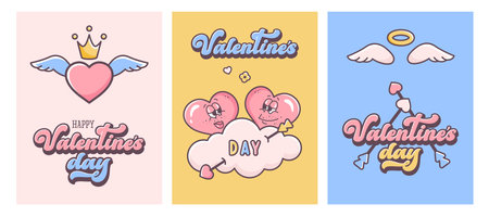 Valentine posters set. Happy Valentine's day. Groovy hippie love. Valentine cards in 60s 70s cartoon style. Couple of cute hearts, cupid arrow, angel wings, valentine Retro text. Vectorのイラスト素材