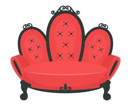 Vintage couch isolated on white background. Antique sofa with carved elements. Vintage icon. Luxury royal seat with red upholstery. Old classic furniture in Victorian style. Retro interior. Vectorのイラスト素材
