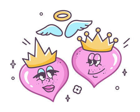 Valentine's Day clipart. Flirting couple. Hand drawn outline elements  in Retro style. Valentine characters smile at each other. Comic Groovy hearts in golden crowns. Valentines text. Vectorのイラスト素材