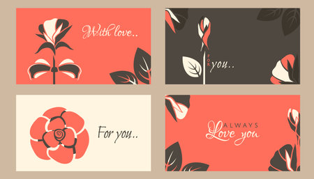 Valentines day cards. Valentine elements on red background. Set of retro banner for 14 February holiday. Romantic design with rosebud, love text. Vector flat illustrationのイラスト素材