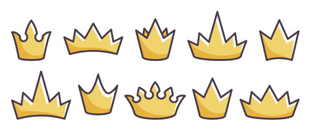 Set of gold crowns for king, queen. Crown icons. Collection of cartoon vintage royal crowns isolated on white background. Royalty symbol. Vector flat illustrationのイラスト素材