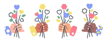 Set of various Human Hands with bouquet. Giving Flowers.  People of different nationalities with various skin colour. Vector illustration for Flower delivery, birthday, valentines, party, holidayのイラスト素材