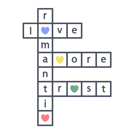 Crossword puzzle. Square Rebus with love lettering. Vertical Word puzzle. Valentines typography with cute cartoon hearts. Puzzle grid set. Word game. Hand drawn doodle romantic illustration. Clipart. Vectorのイラスト素材