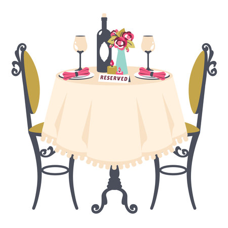 Romantic dinner. Table with tablecloth. Restaurant reservation. Vintage table and chairs with Romantic setting. Table for two with bottle of wine, flowers, glasses, cutlery. Vector flat illustrationのイラスト素材