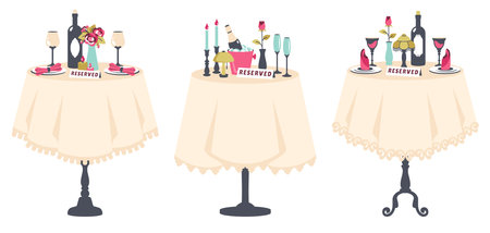 Set of reserved tables for two. Elegant romantic dinner. Table with tablecloth, cutlery, glasses, champagne, flowers, wine, candles in candlesticks. Romantic setting. Valentine template. Vectorのイラスト素材