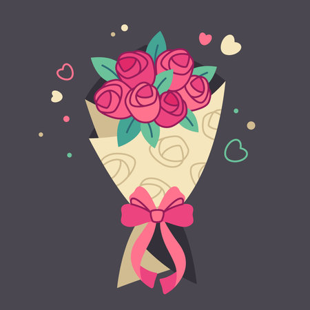 Bunch of pink flowers wrapped in paper with pink ribbon, hearts. Bouquet of roses. Present concept. Buds of roses. Floral design for spring holidays, greeting cards. Flat vector illustrationのイラスト素材