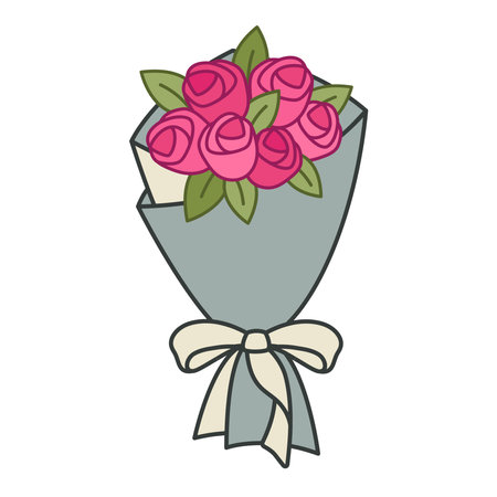 Bouquet of roses. Bunch of pink flowers wrapped in paper with white ribbon. Present concept. Buds of roses. Floral design for spring holidays, greeting cards. Flat vector illustrationのイラスト素材
