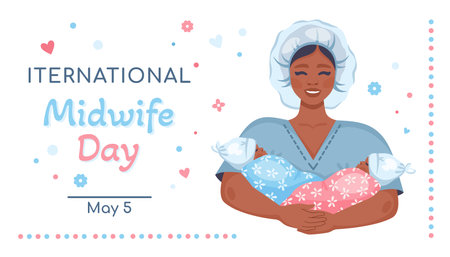 International Midwife day banner. Asian doctor with newborn twins. Female character holding Newborn twin boy and girl in white hats, wrapped in cute blankets. Vector illustrationのイラスト素材