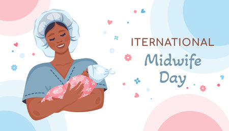International Midwife day. Obstetrician. Asian woman midwife holding newborn baby. Female character holding Newborn girl in white hat, wrapped in cute pink blanket. Vectorのイラスト素材