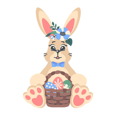 Cartoon Easter bunny with decorated eggs in basket. Funny animal with spring flowers. Cute Rabbit holding painted Easter eggs. Clipart. Vector flat illustrationsのイラスト素材