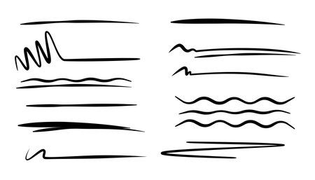 Underline stroke set. Doodle hand drawn emphasize. Black highlight line elements. Underline stroke set. Collection of Sketch scribble  pencil for accentuate, reinforcepen. Vector illustrationのイラスト素材