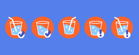Water glass icons set. Glass of clean water with straw. Check mark and pointer dot. Tick symbol, exclamation mark, checklist sign, approval badge. Drink more water. Water balance concept. Vectorのイラスト素材