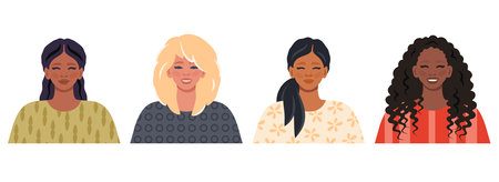Woman portrait set. Avatars girls. Female model of different nationalities. Diverse women face with hairstyles, emotions, outfits, accessories. Vector cartoon illustration for profile pictures, social media, appのイラスト素材