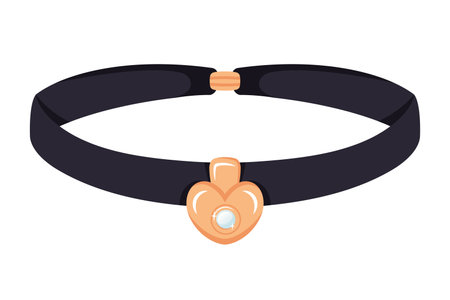 Jewellery icon isolated. Female Vintage choker accessory. Golden antique heart with pearl. Precious gold pendant with black strap and clasp. Elegant fashion necklace. Vector illustrationのイラスト素材