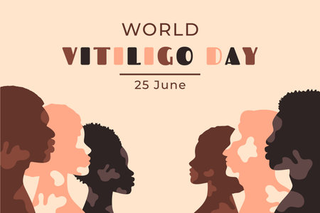 World vitiligo day. Diverse women and men with vitiligo patches. Human silhouettes of various nationality. Skin diversity concept. Body positive and self love. Vector illustrationのイラスト素材